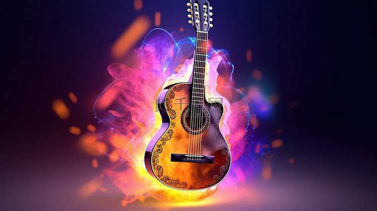 抽象吉他音乐横幅的 3D 插图设计