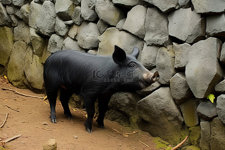 一只黑猪站在高高的石墙上