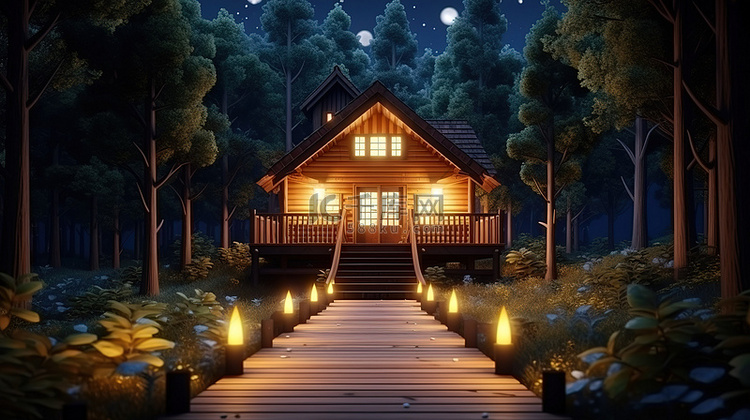 夜间森林中木屋外观设计的 3D