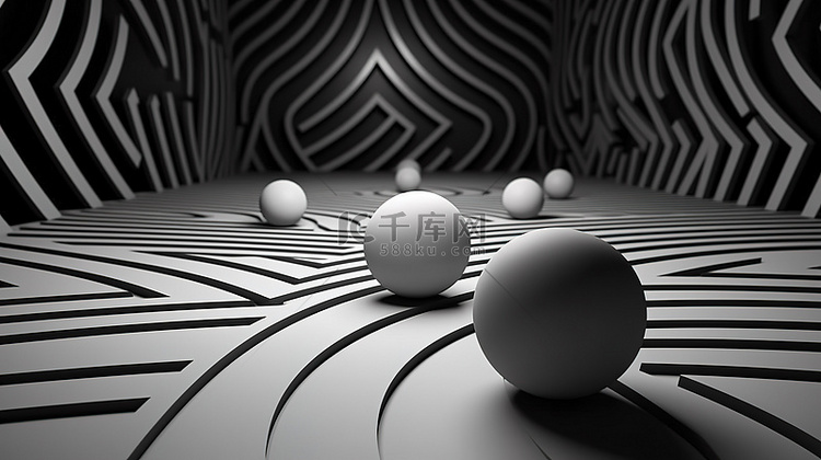 迷宫中单色球的直线 3d 插图
