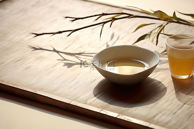 托盘上放着一碗茶，上面有竹子的