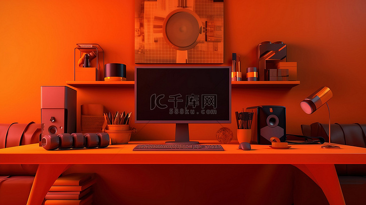 1 3D 插图橙色办公桌横幅，