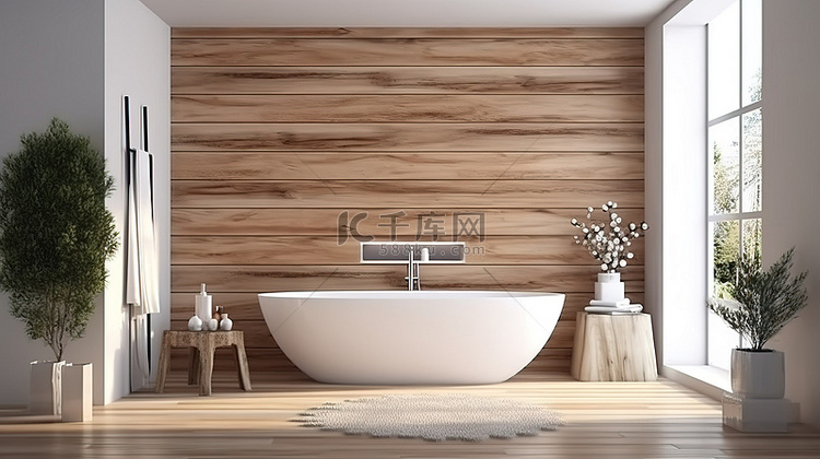 木质镶板浴室中的现代浴缸和扶手