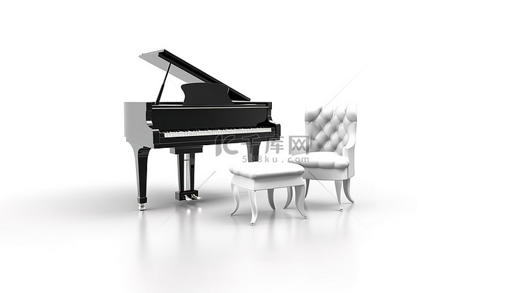 白色背景上椅子和钢琴的 3D 插图