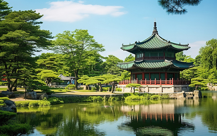 湖边有一座宝塔，有一个池塘