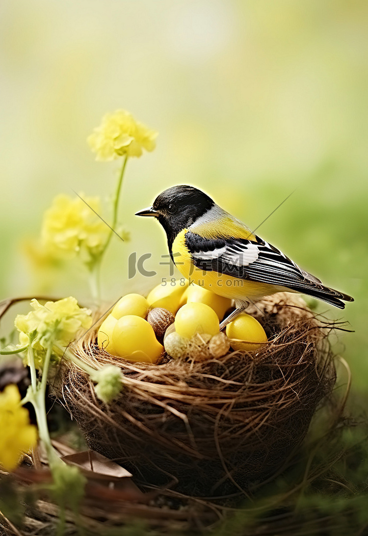 坐在巢上的黄色和黑色的小鸟
