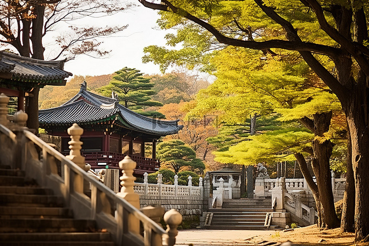 美丽的秋日，韩国 pangnaum 寺庙群