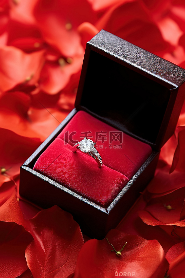 红叶上的订婚戒指和礼盒