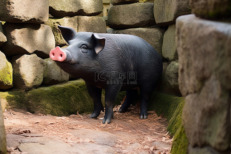 一头猪站在由岩石制成的石壁龛中