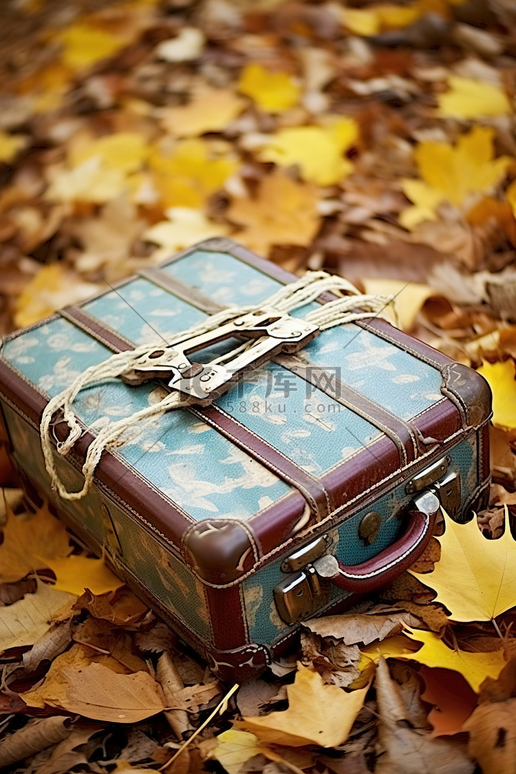 满是落叶的土地上的旧手提箱