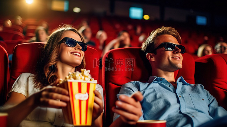 快乐的情侣在电影院享受 3D 