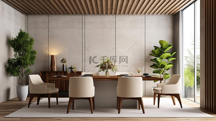 垂直透视木质设计餐厅的 3D 渲染