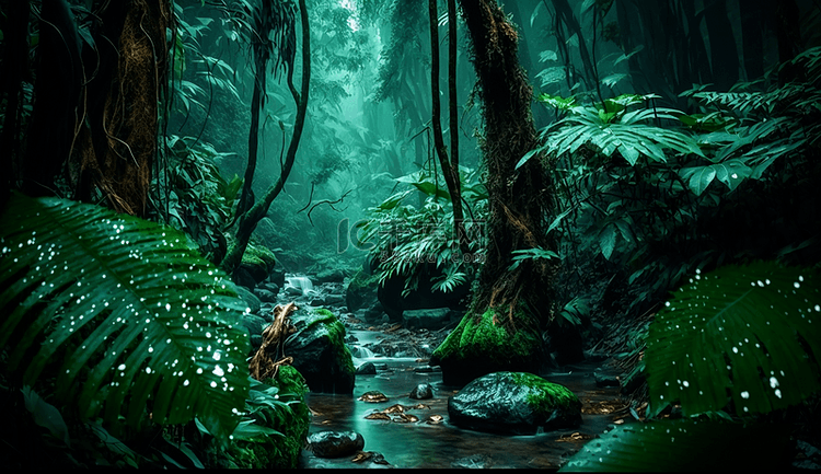 雨中的森林小溪流水石头树叶风景
