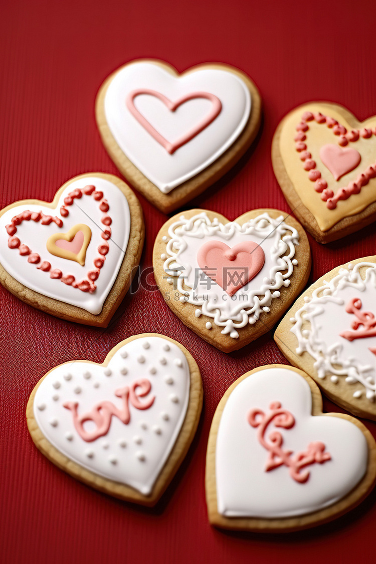 心形饼干，上面写着白色糖霜的爱