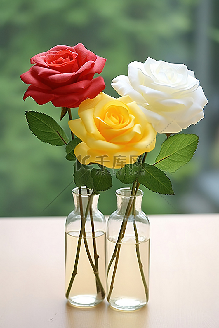 三色玻璃花瓶，里面插着玫瑰