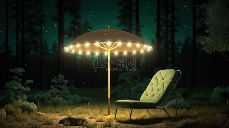 夜间户外休息室场景在带雨伞和森