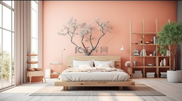 卧室以柔和的粉彩装饰，配有床木