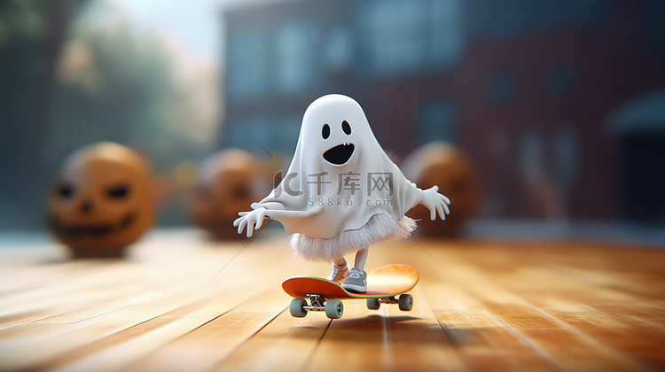万圣节背景下可爱的 3D 幽灵滑板