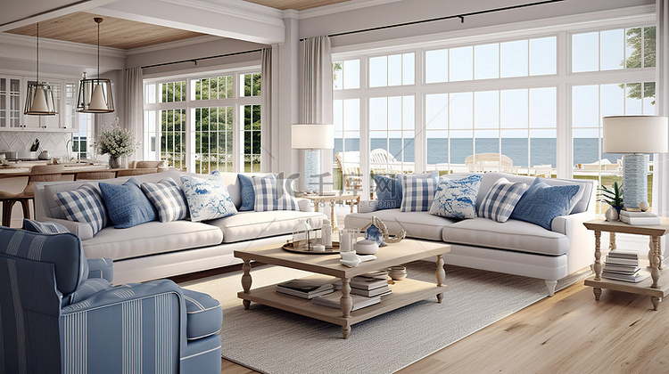 汉普顿风格的客厅，采用沿海设计