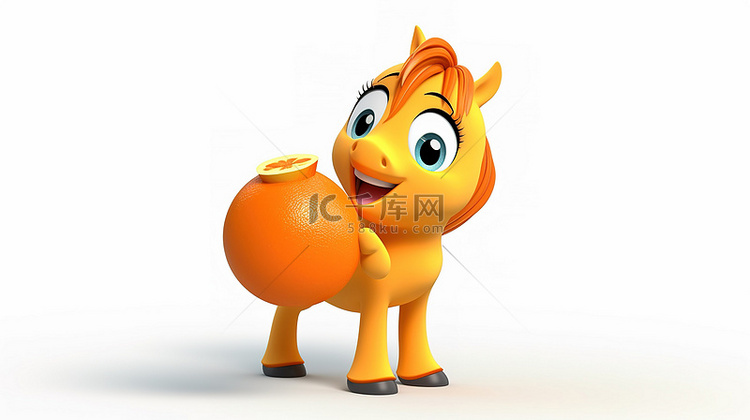 幽默的 3D 马人物抓着橙色水果