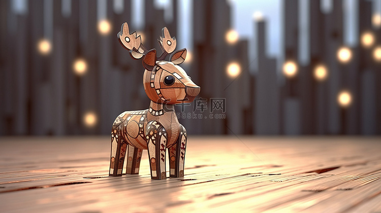 节日 3D 卡通驯鹿由木头制成