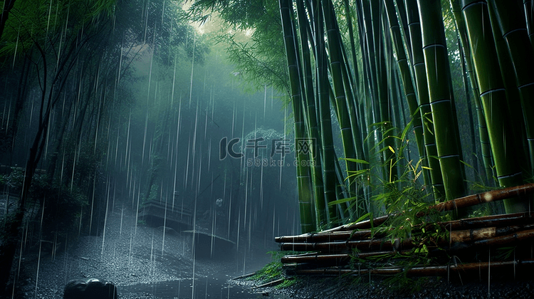 雨中竹林背景竹叶植物下雨自然背