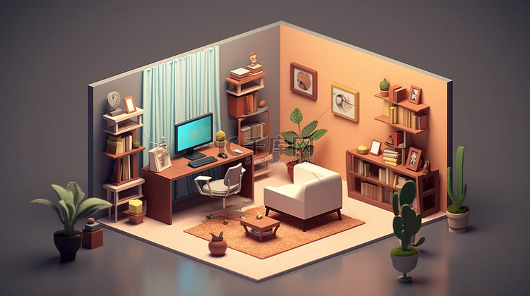 带家具的等距家庭办公室的 3D