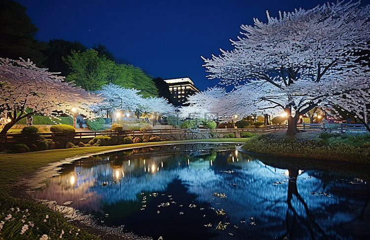 花园公园池塘和樱花