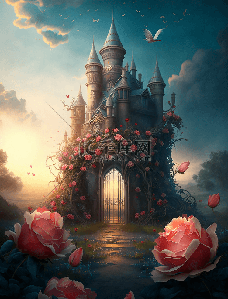 花卉花园城堡梦幻星空油画装饰画