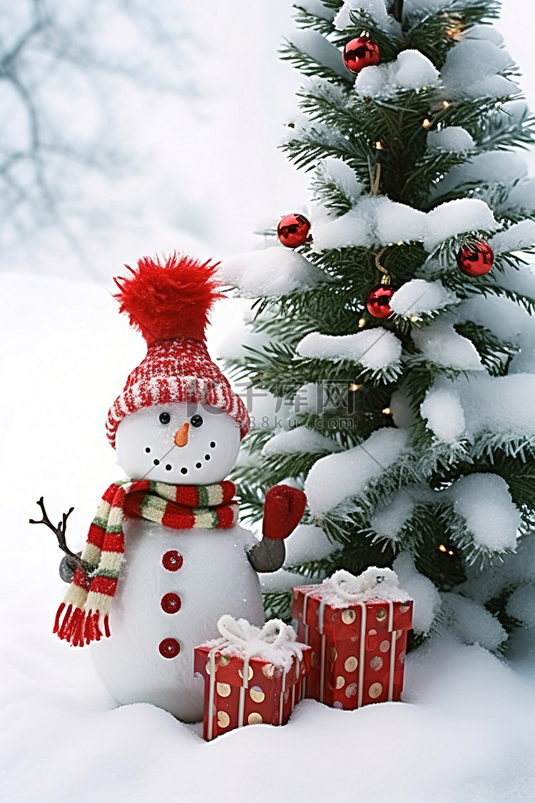 雪地上有礼物树和雪的雪人