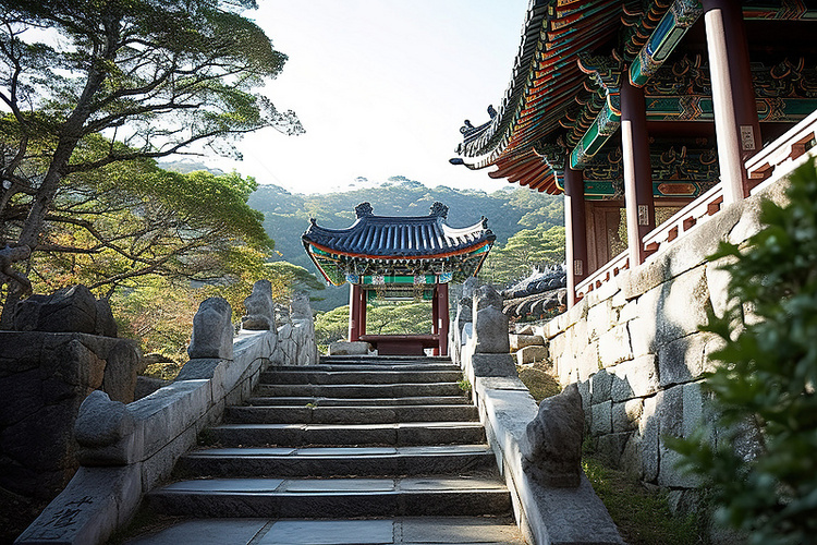 两座华丽的楼梯通向传统的亚洲建