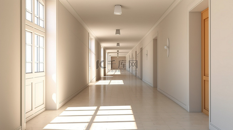 明亮的内部学校走廊的 3D 渲
