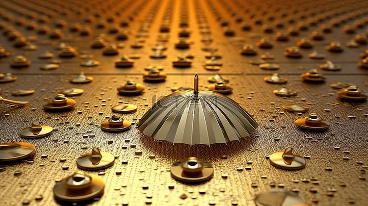 地板上闪闪发光的金色雨伞 3D