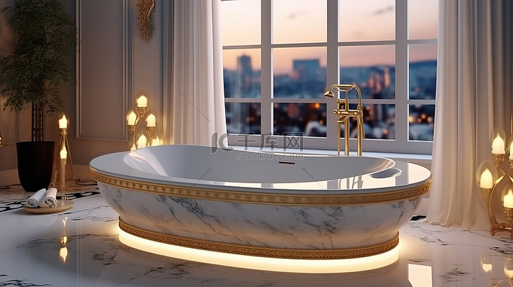 用豪华浴缸 3D 渲染插图提升