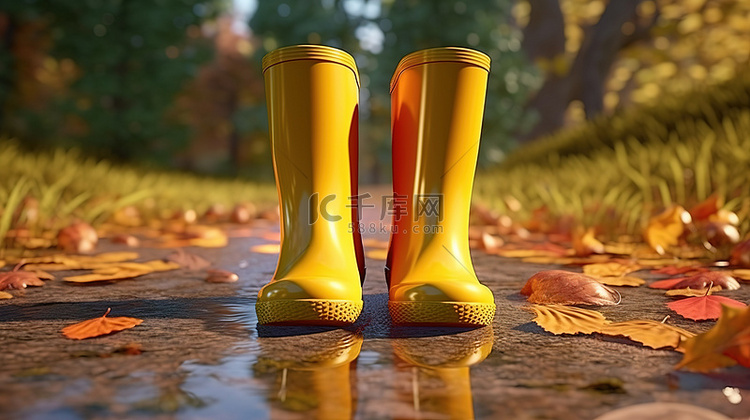 彩色卡通雨靴站在水坑里，秋天背