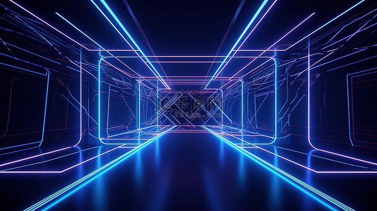 虚拟空间中抽象蓝色霓虹线的照明