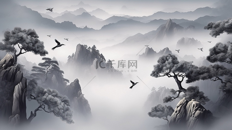 灰色画布 3D 中国风景，山鸟