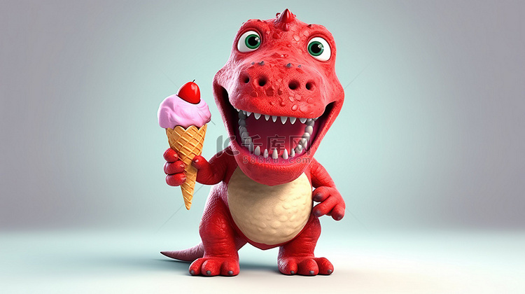可爱的 3D 恐龙和蛋卷冰淇淋