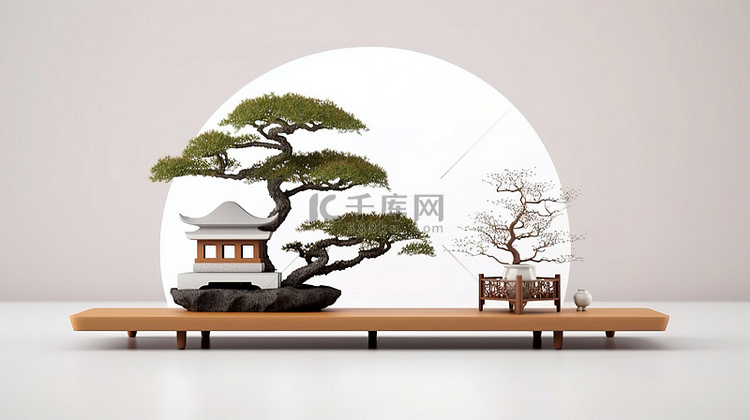 高架日本抽象平台和盆景树在 3