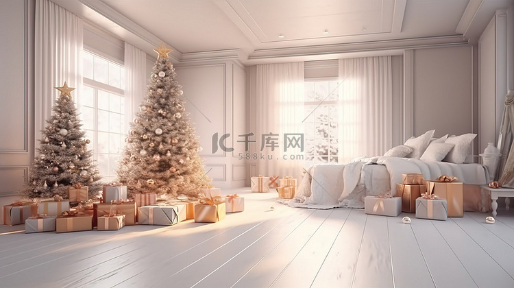 节日家居装饰圣诞树和礼物的 3