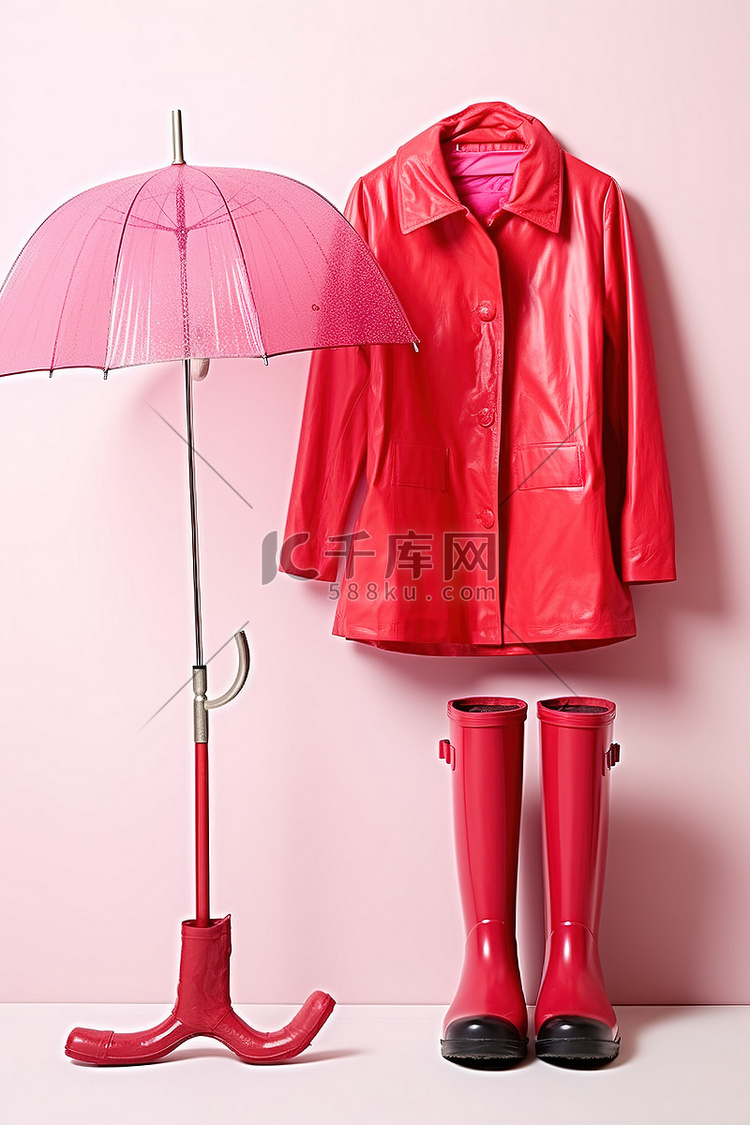 一把雨伞，旁边有一件红色雨衣和