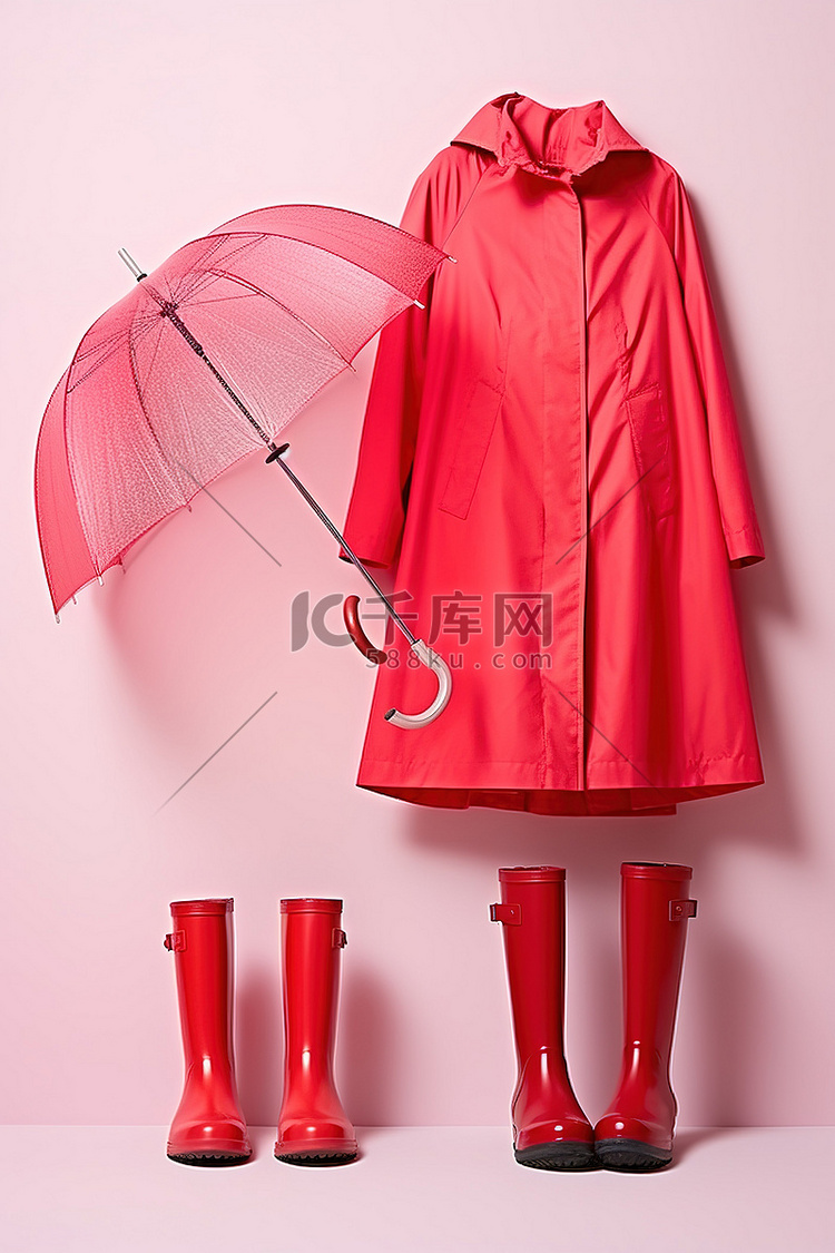 一把雨伞，旁边有一件红色雨衣和