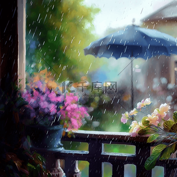 花朵雨滴伞雨中的阳台花园花卉背