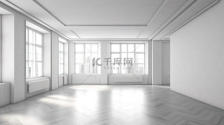 带窗户的宽敞白色房间的 3D 渲染