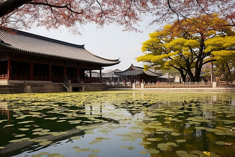 一座建筑物前有一个池塘，用莲花