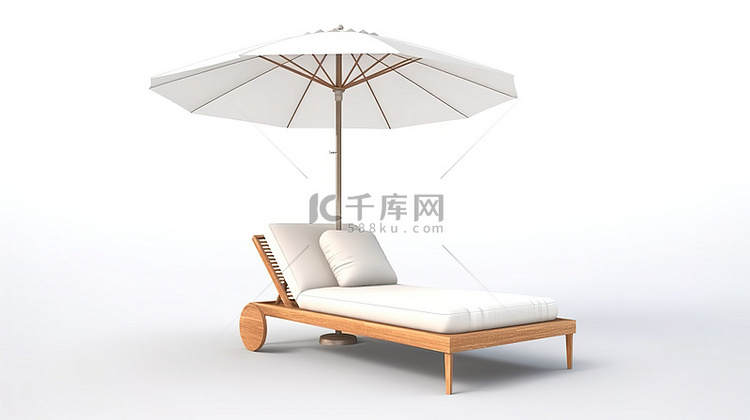 带雨伞的白色背景躺椅的 3d 渲染