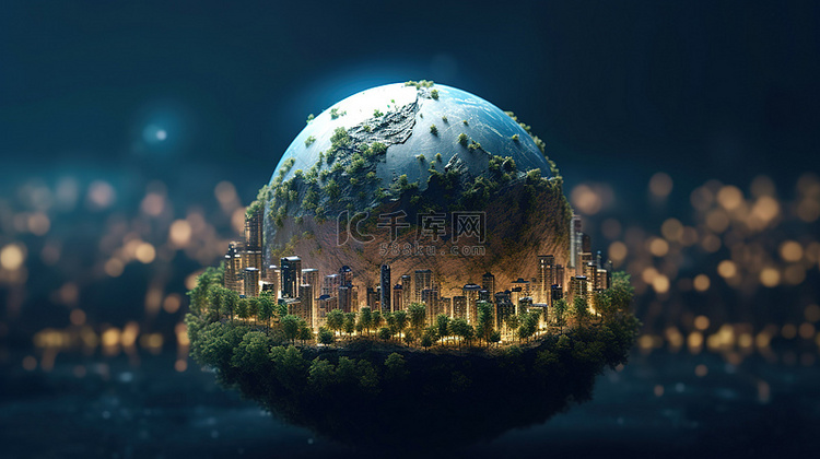 微型地球仪的 3D 渲染，夜城