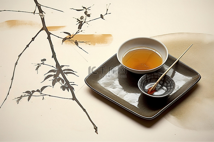中国茶盘，带杯勺和一些中文文字