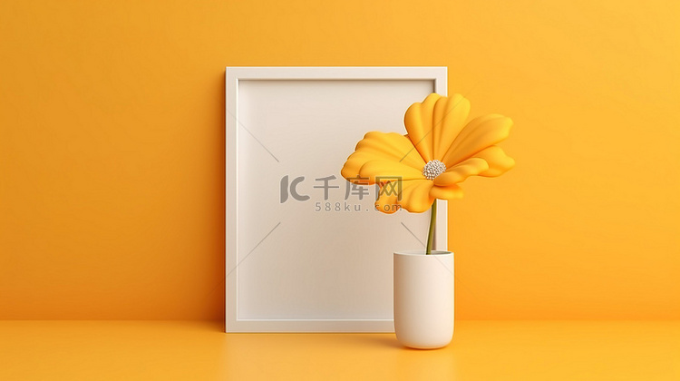 简约的黄色背景，白色相框和花朵