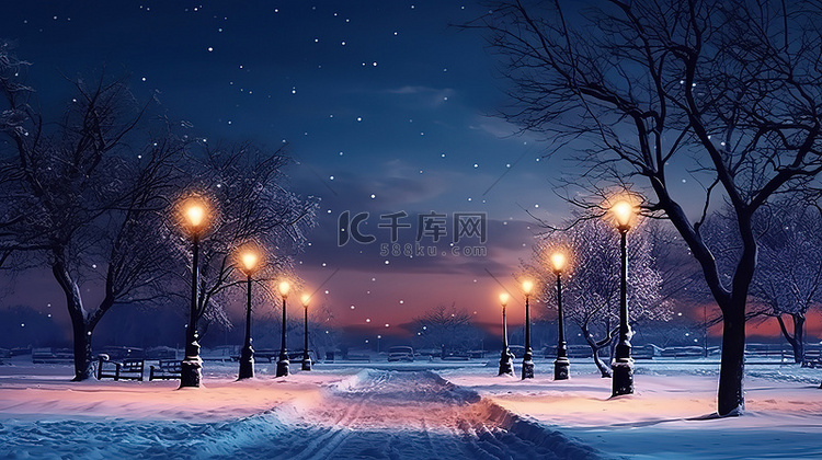 数字渲染的冬季景观与路灯夜空和